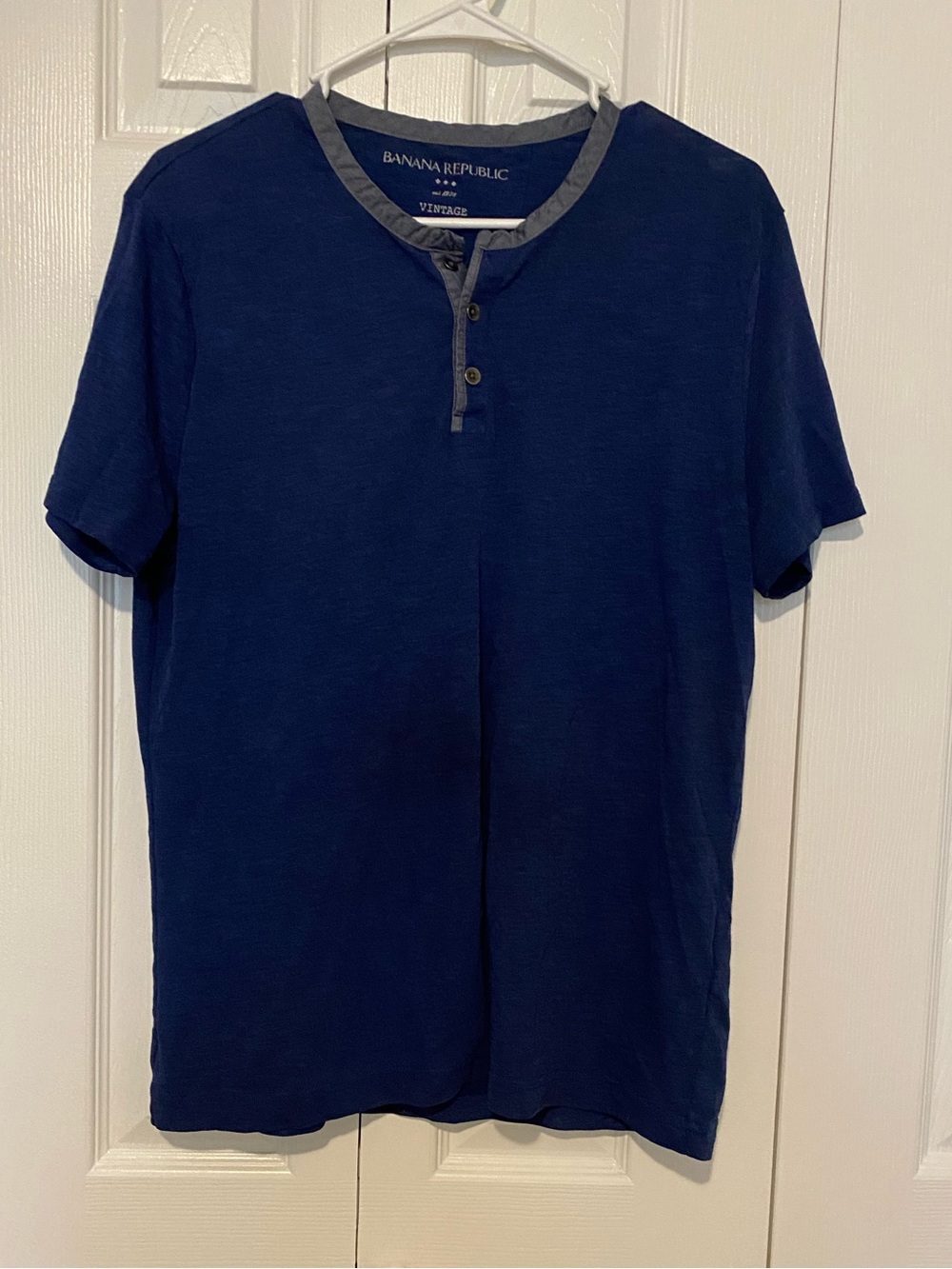 Banana Republic Navy Short-Sleeve Henley with Gray Trim